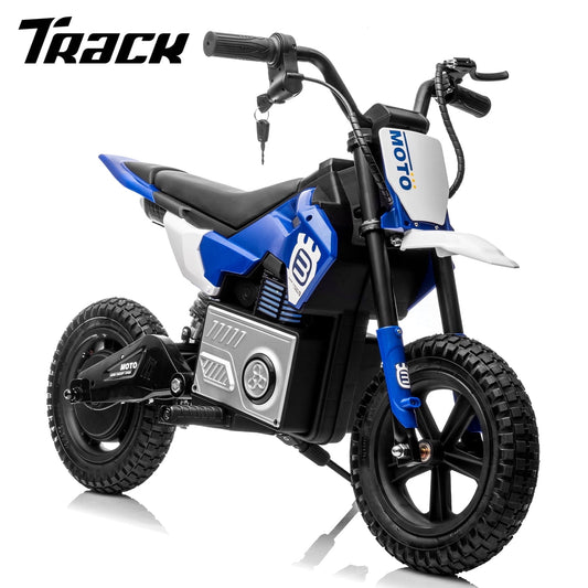 Track Seven 24V Electric Dirt Bike, 200W Motocross Ride on Motorcycle with Hand Operated Brakes, Adjustable Speed, LED Lamp, Music, Max Speed 10mph, Electric Motorcycle for Kids Age 5+, Blue