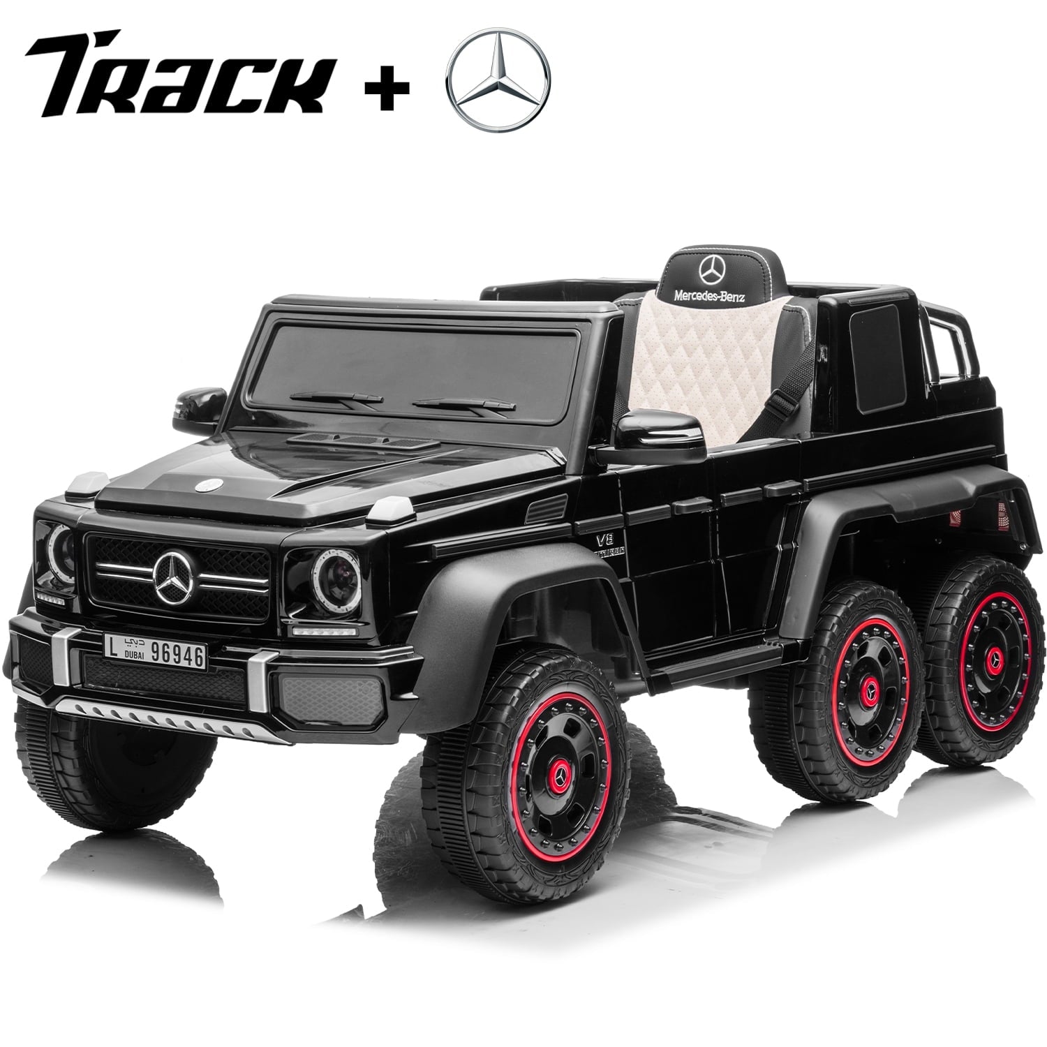 Track 7 24V Ride on Car, Licensed Mercedes Benz G63 24V Electric Car with Remote Control, Music, Bluetooth, Leather Seat, 6 Wheels Kids Ride on Truck, Red