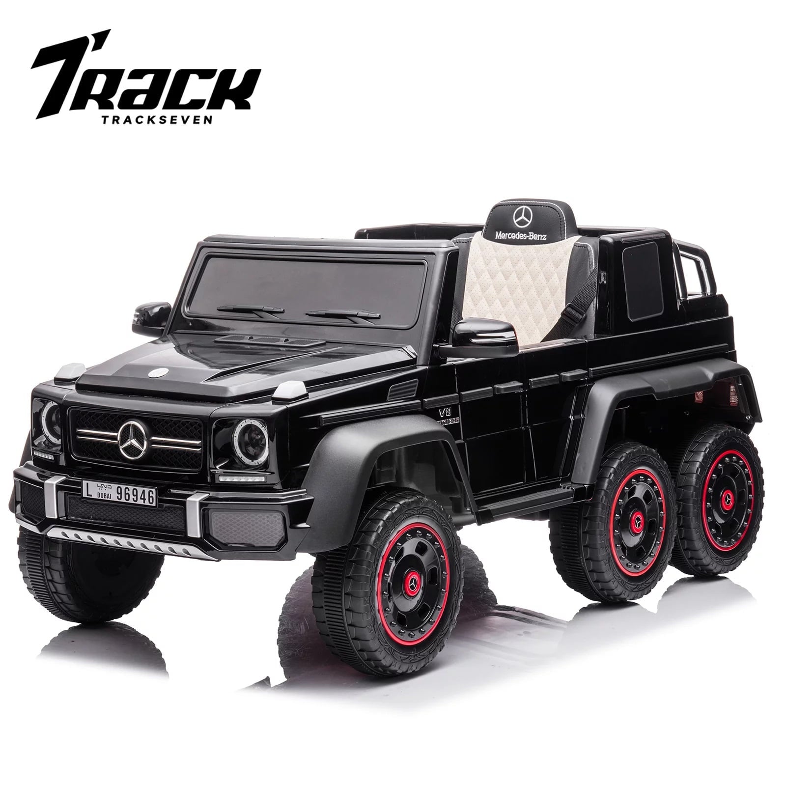 Track Seven 24V Ride on Car, Licensed Mercedes Benz G63 24V Electric Car with Remote Control, Music, Bluetooth, Leather Seat, 6 Wheels Kids Ride on Truck, Red