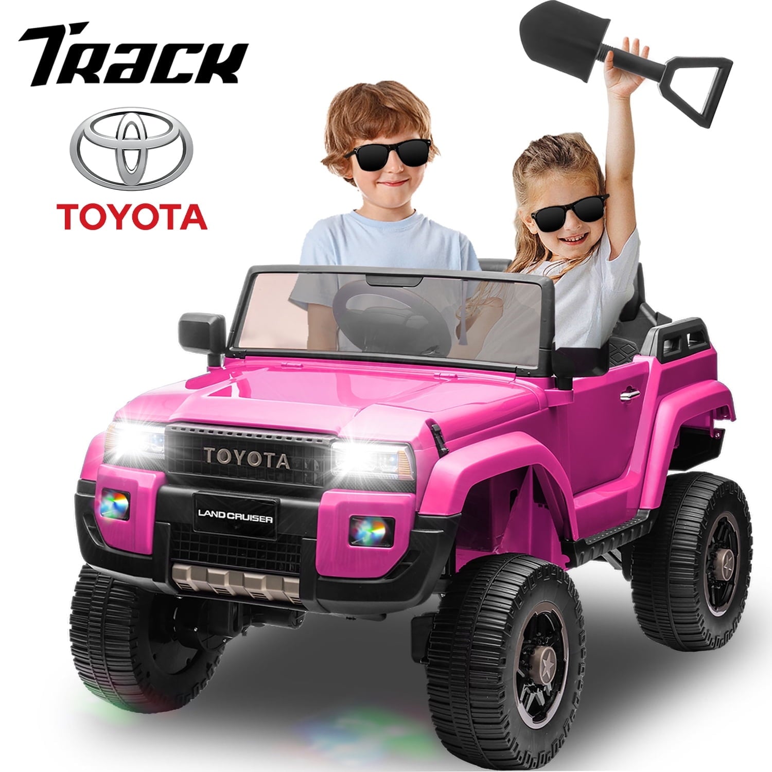 Track 7 24V Ride on Car, Licensed Toyota LC 250 2-Seater Electric Car for Boys Girls, 24V Ride on Car with Remote Control, Music, Bluetooth, Front Storage Space, Shovel,  White