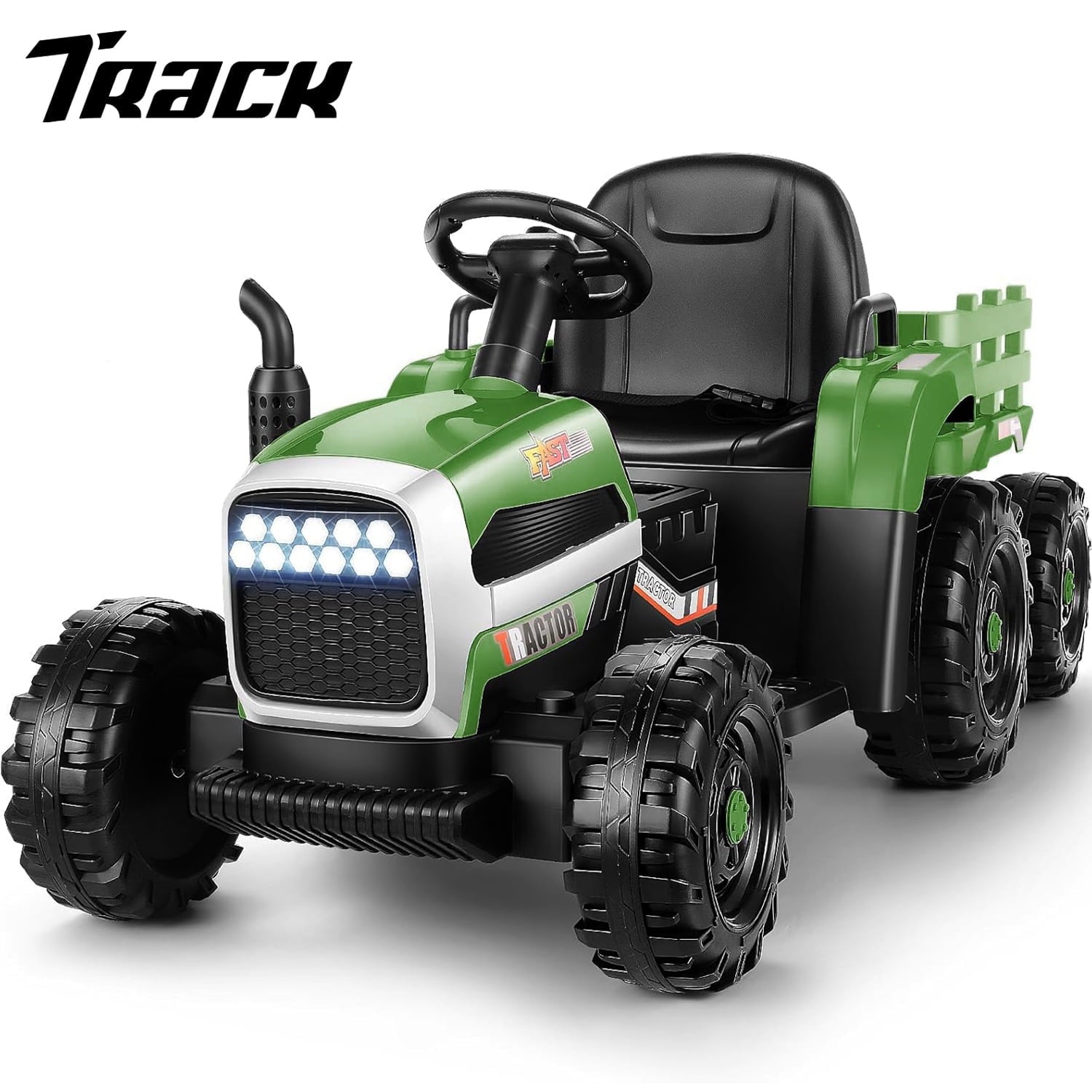 Track 7 24V Ride on Tractor with Trailer, 400W Motor, 6-Wheels Ride on Car with Remote Control, Music, Lights, 24V Electric Tractor Max Speed 4.9 mph, Black