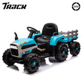 Track Seven 24V Ride on Tractor with Trailer, 400W Motor, 6-Wheels Ride on Truck Car with Remote Control, Music, Lights, Electric Tractor Max Speed 5 mph, Blue