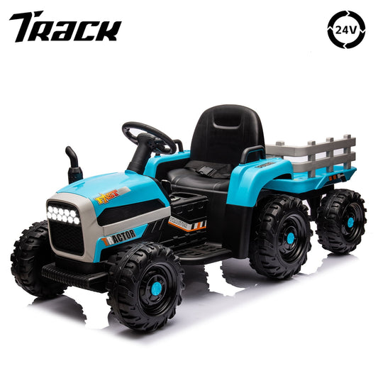 Track Seven 24V Ride on Tractor with Trailer, 400W Motor, 6-Wheels Ride on Truck Car with Remote Control, Music, Lights, Electric Tractor Max Speed 5 mph, Blue