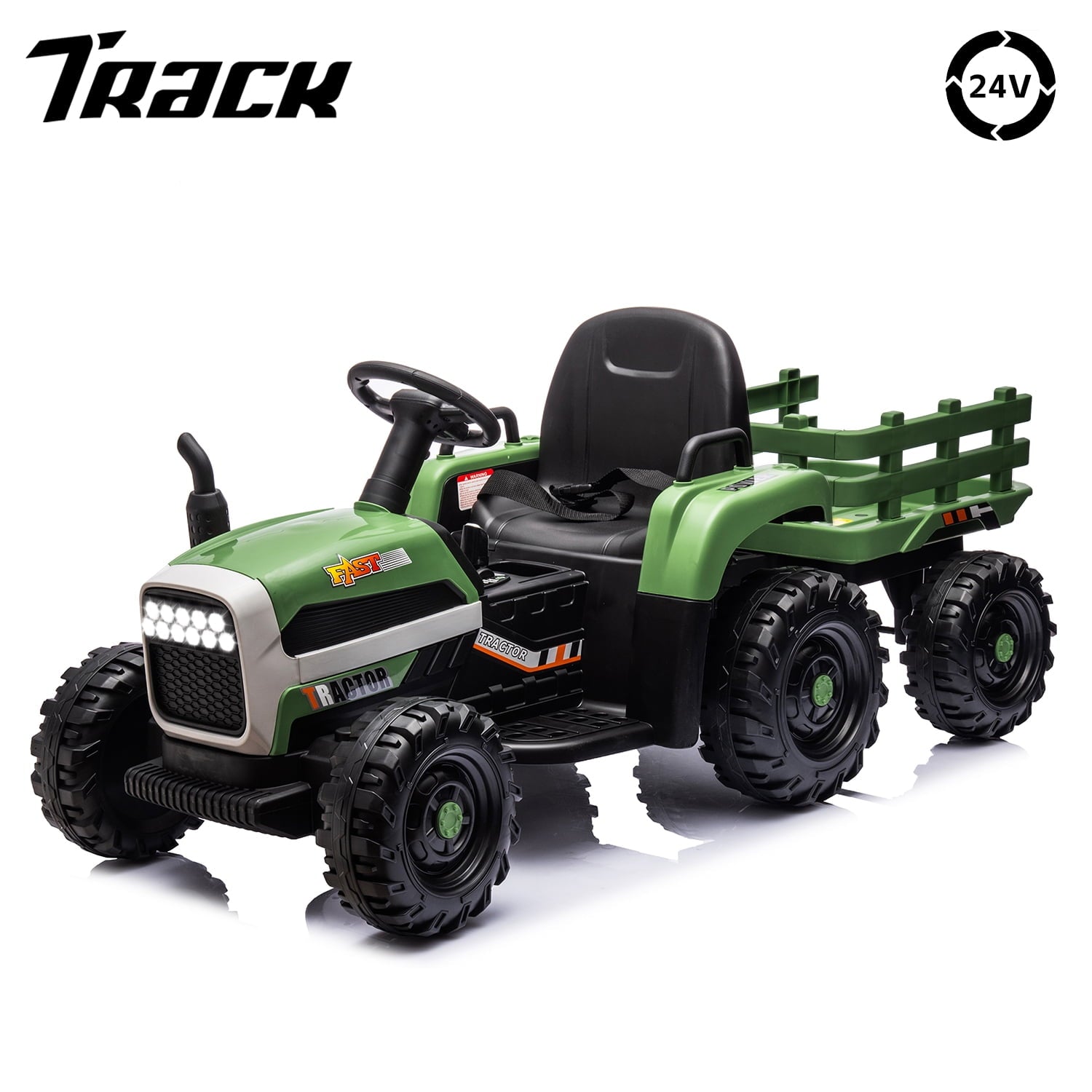 Track Seven 24V Ride on Tractor with Trailer, 400W Motor, 6-Wheels Ride on Truck Car with Remote Control, Music, Lights, Electric Tractor Max Speed 5 mph, Green