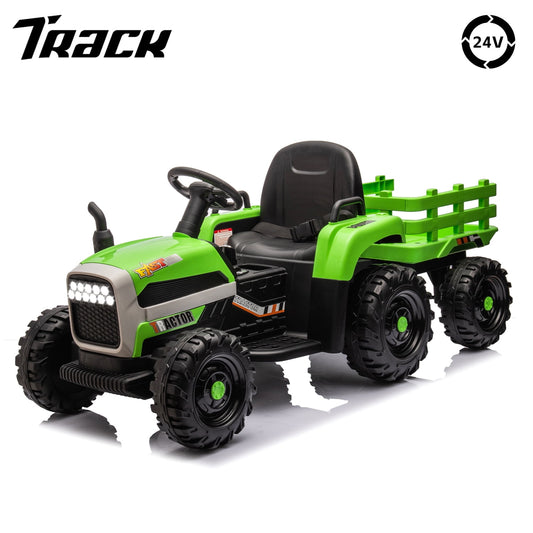 Track Seven 24V Ride on Tractor with Trailer, 400W Motor, 6-Wheels Ride on Truck Car with Remote Control, Music, Lights, Electric Tractor Max Speed 5 mph, Green