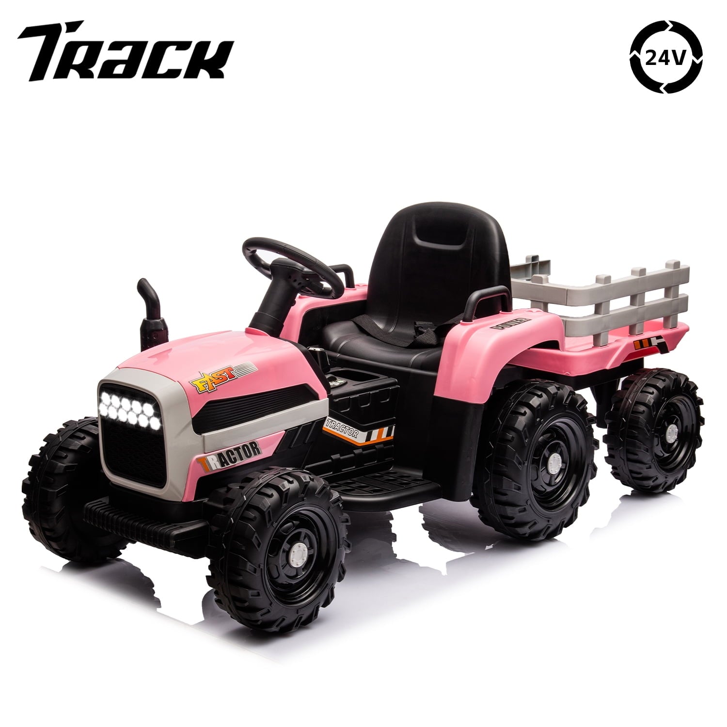 Track Seven 24V Ride on Tractor with Trailer, 400W Motor, 6-Wheels Ride on Truck Car with Remote Control, Music, Lights, Electric Tractor Max Speed 5 mph, Rose Red
