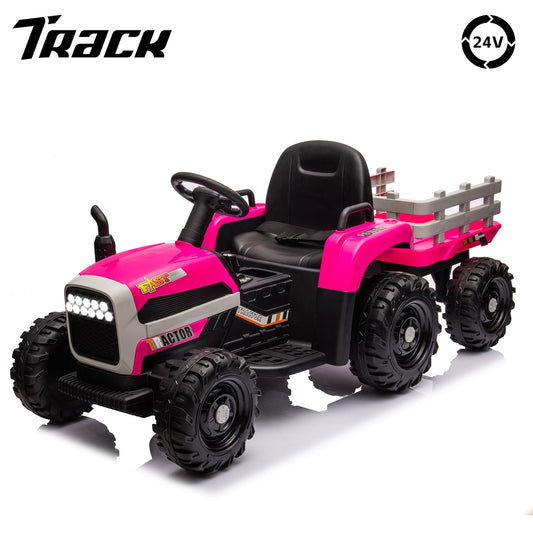 Track Seven 24V Ride on Tractor with Trailer, 400W Motor, 6-Wheels Ride on Truck Car with Remote Control, Music, Lights, Electric Tractor Max Speed 5 mph, Rose Red