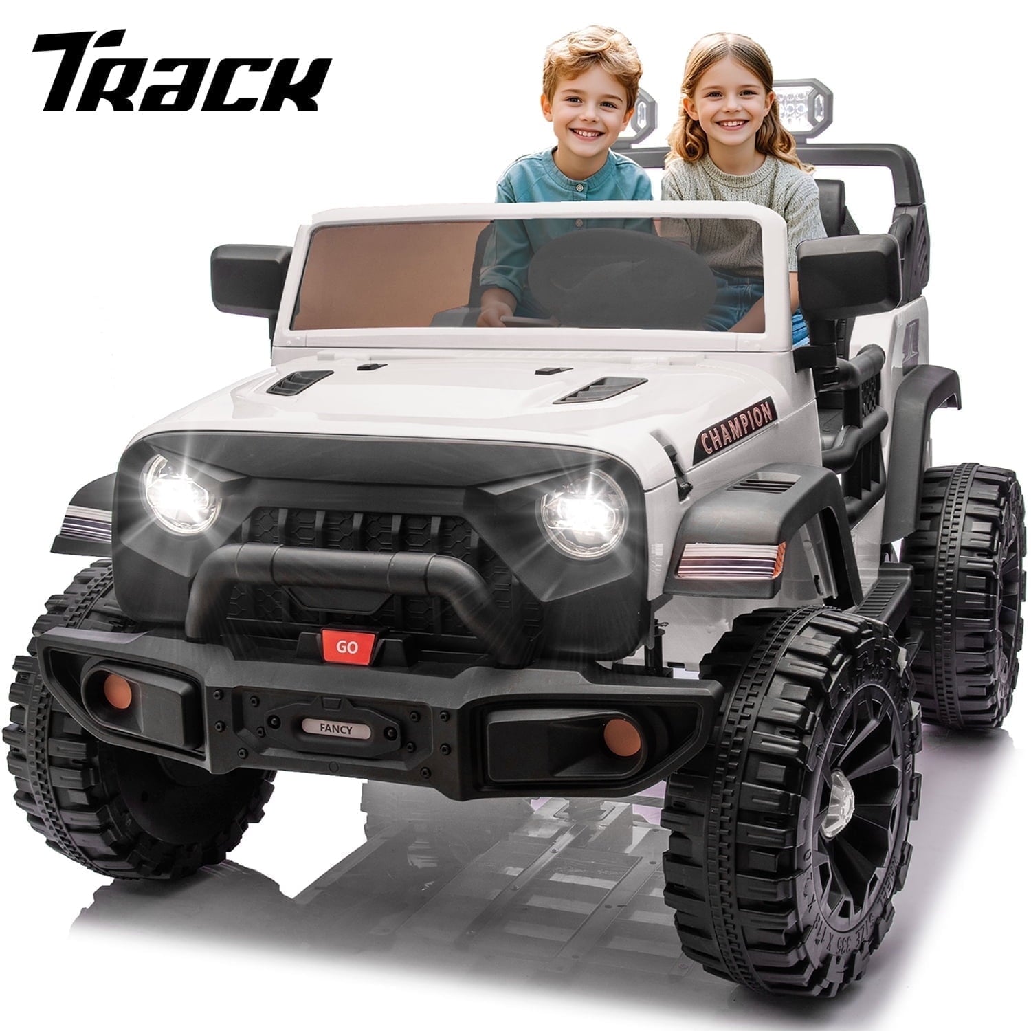 Track Seven  24V Ride on Truck, 2 Seater Ride On Toy Car for Big Kids, 19.7" Large Wide Seat, 4WD Electric Truck Car with Music, Bluetooth, Light and Searchlight, Max Speed 4.35 mph, Red