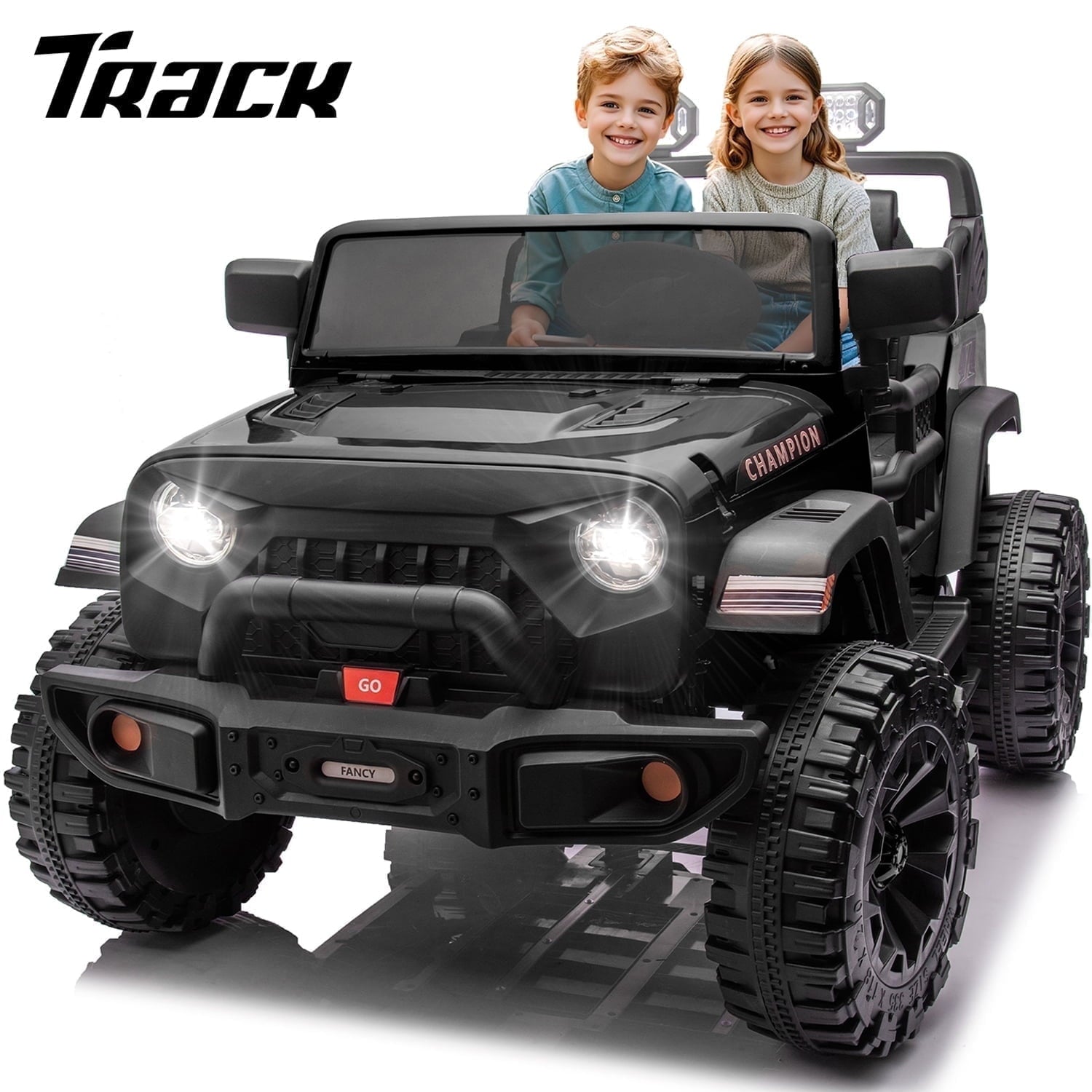 Track Seven  24V Ride on Truck, 2 Seater Ride On Toy Car for Big Kids, 19.7" Large Wide Seat, 4WD Electric Truck Car with Music, Bluetooth, Light and Searchlight, Max Speed 4.35 mph, White