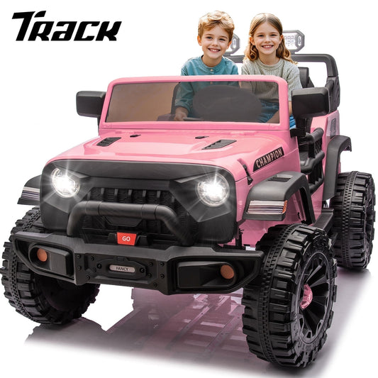 Track Seven 24V Ride on Truck, 2 Seater Ride On Toy Car for Big Kids, 19.7" Large Wide Seat, 4WD Electric Truck Car with Music, Bluetooth, Light and Searchlight, Max Speed 4.35 mph, Pink