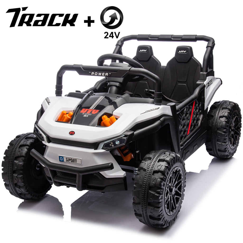 Track 7 24V Ride on UTV, Kids Ride on Car with Remote Control, Off-Road Electric UTV, 20" Large Seat, Bluetooth, LED Lights, Rear Storage, Early Education, Electric Car for Kids Age 3+, White