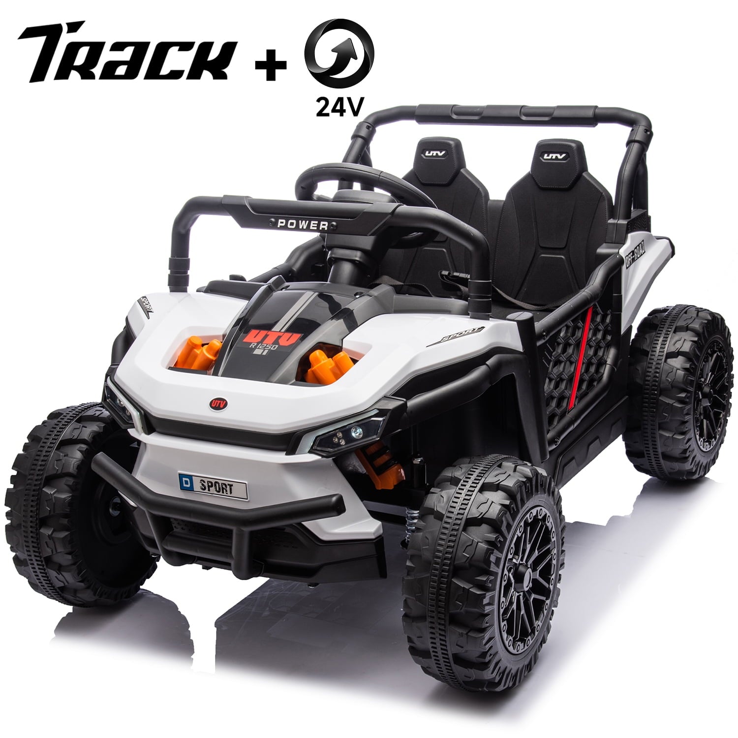 Track 7 24V Ride on UTV, Kids Ride on Car with Remote Control, Off-Road Electric UTV, 20" Large Seat, Bluetooth, LED Lights, Rear Storage, Early Education, Electric Car for Kids Age 3+, White