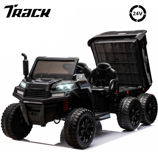 Track Seven 24V Ride on Car, 2-Seater Ride On Dump Truck, 6 Wheels Electric Car with Remote Control, Music, Shift Lever, off-Road Ride on UTV, Black
