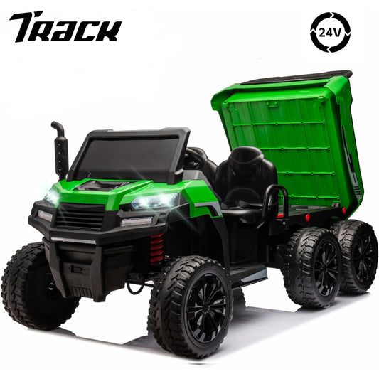 Track Seven 24V Ride on Car, 2-Seater Ride On Dump Truck, 6 Wheels Electric Car with Remote Control, Music, Shift Lever, off-Road Ride on UTV, Green