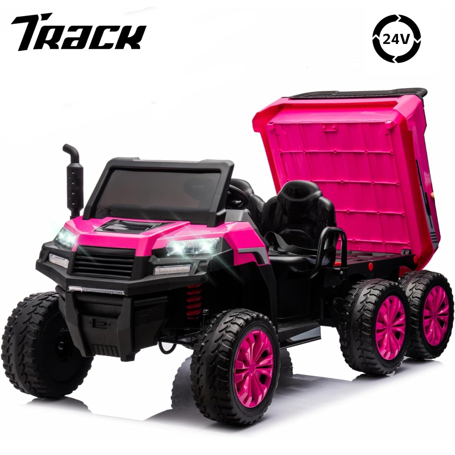 Track Seven 24V Ride on Car, 2-Seater Ride On Dump Truck, 6 Wheels Electric Car with Remote Control, Music, Shift Lever, off-Road Ride on UTV, Green