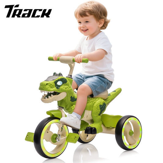 Track Seven Dinosaur Kids Tricycle for Rider, Toddlers Trike Bike with Music, LED Lights, Storage Basket, Indoor/Outdoor Preschool Daycare Kids Bike for Boys Girls 3+ Years, Green