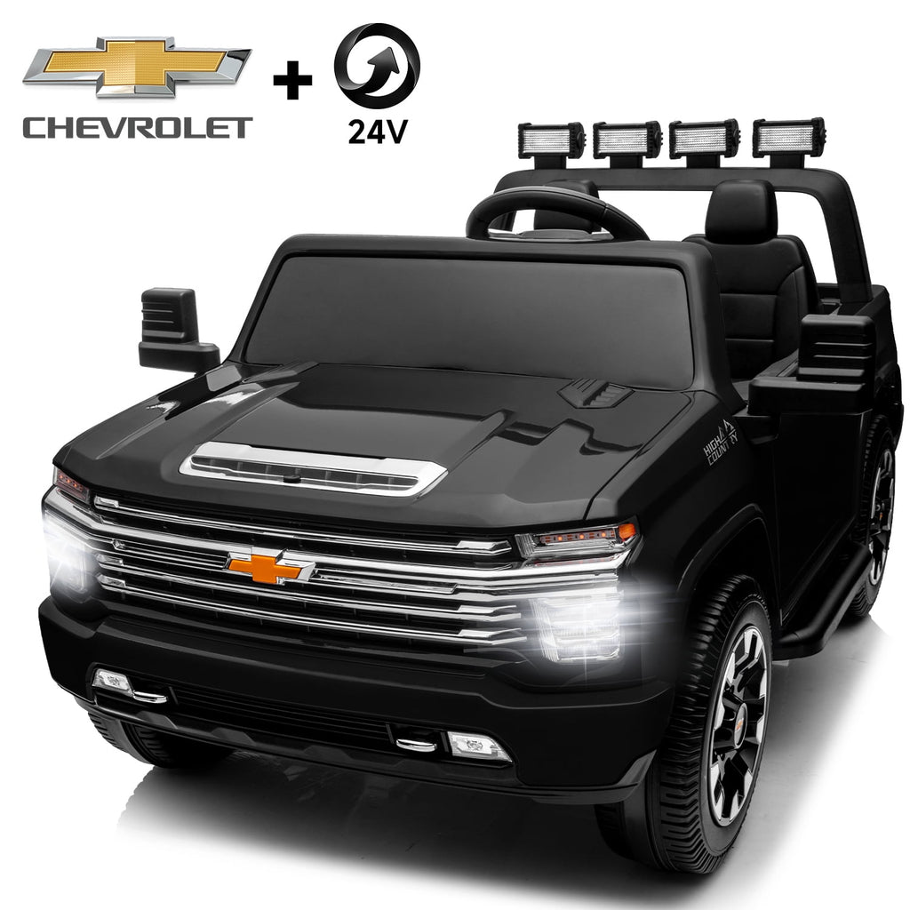 Track Seven 24V Ride on Car, Licensed Silverado HD 2 Seater Electric Car for Boys Girls Age 3+, 24V Ride on Truck w/Remote Control, Music, ABC, Black