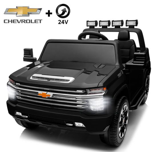 Track Seven 24V Ride on Car, Licensed Silverado HD 2 Seater Electric Car for Boys Girls Age 3+, 24V Ride on Truck w/Remote Control, Music, ABC, Black