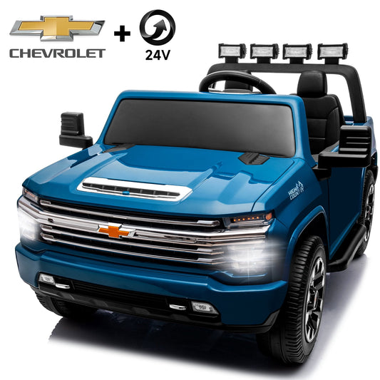 Track Seven 24V Ride on Car, Licensed Silverado HD 2 Seater Electric Car for Boys Girls Age 3+, 24V Ride on Truck w/Remote Control, Music, ABC, Blue