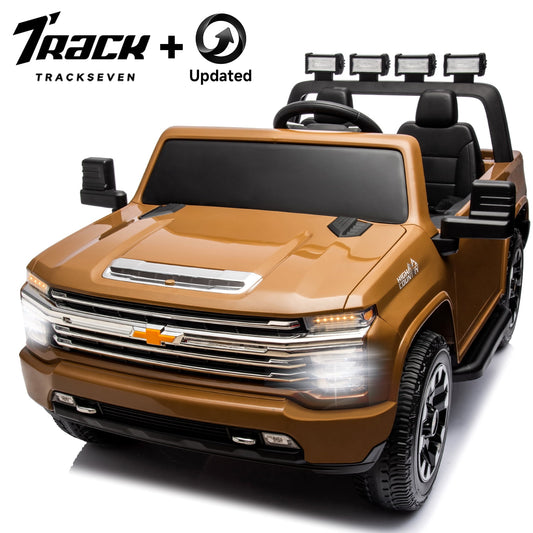 Track Seven 24V Ride on Car, Licensed Silverado HD 2 Seater Electric Car for Boys Girls Age 3+, 24V Ride on Truck w/Remote Control, Music, ABC, Brown