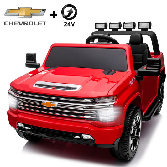 Track Seven 24V Ride on Car, Licensed Silverado HD 2 Seater Electric Car for Boys Girls Age 3+, 24V Ride on Truck w/Remote Control, Music, ABC, Red