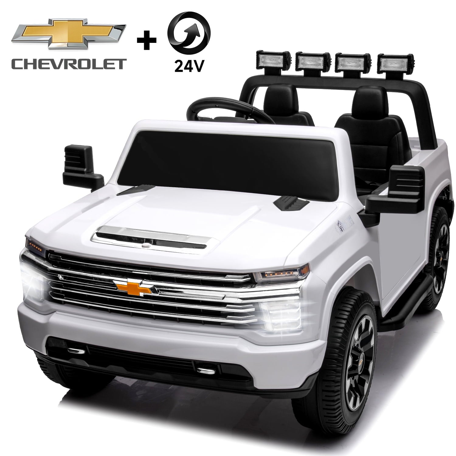 Track Seven 24V Ride on Car, Licensed Silverado HD 2 Seater Electric Car for Boys Girls Age 3+, 24V Ride on Truck w/Remote Control, Music, ABC, White