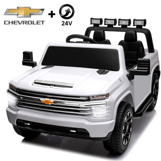 Track Seven 24V Ride on Car, Licensed Silverado HD 2 Seater Electric Car for Boys Girls Age 3+, 24V Ride on Truck w/Remote Control, Music, ABC, White