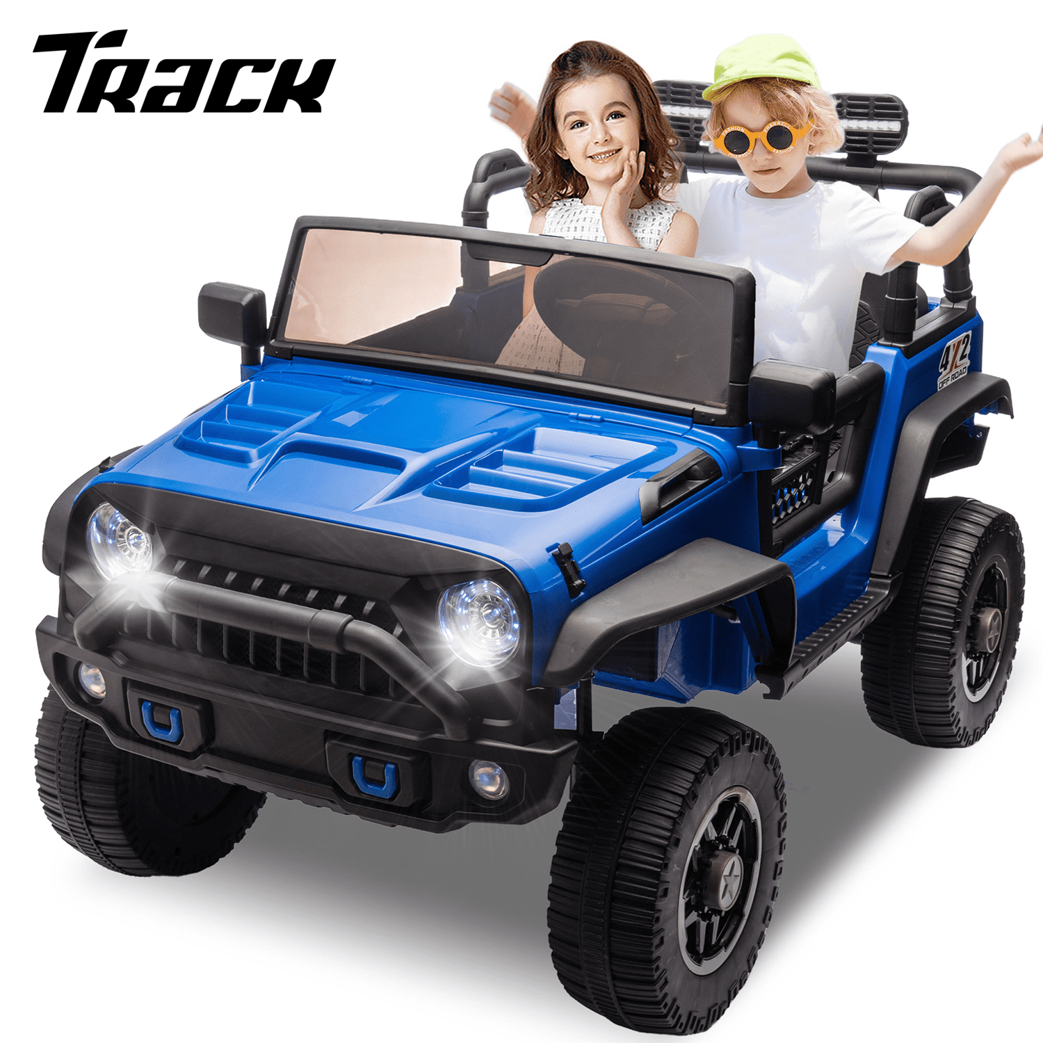 Track 7 24V Two-Seater Kids Ride-On Truck, Parents Control, 4WD Suspension, LED/MP3/Bluetooth, 2 Seat Belts, Ages 3+, Red