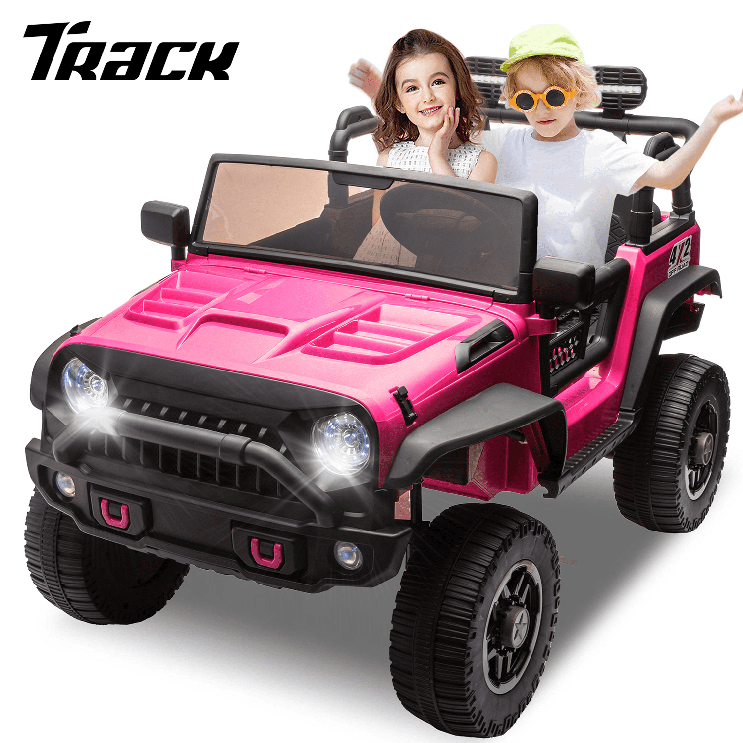 Track 7 24V Two-Seater Kids Ride-On Truck, Parents Control, 4WD Suspension, LED/MP3/Bluetooth, 2 Seat Belts, Ages 3+, Red