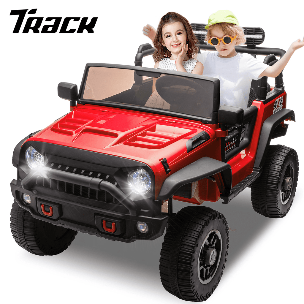 Track 7 24V Two-Seater Kids Ride-On Truck, Parents Control, 4WD Suspension, LED/MP3/Bluetooth, 2 Seat Belts, Ages 3+, Red