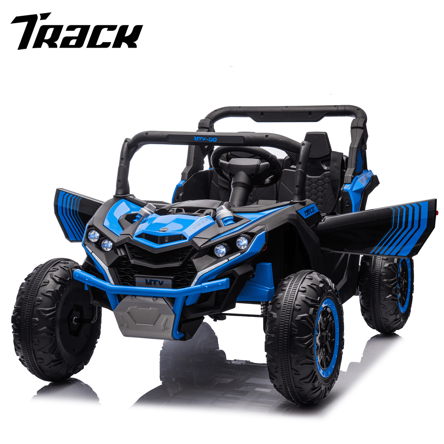 Track 7 24V Two-Seater Kids Ride On UTV W/Parents Remote Control,Four-Wheel Suspension,Slow Start,Anti-collision bar,Storage space,Music,USB,Bluetooth,Volume control,LED lights for Kids 3+, Blue