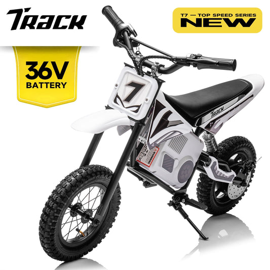 Track Seven 36V Electric Dirt Bike, 350W Ride on Motorcycle with Twist Grip Throttle, Hand-Operated Dual Brakes, for Age 8-12, White