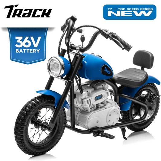 Track Seven 36V Electric Dirt Bike for kids, 350W Ride on Motorcycle with Twist Grip Throttle, Hand-Operated Brakes, Key Start, Off-Road Motocross Speed Up to 15 MPH, Age 8+, Blue