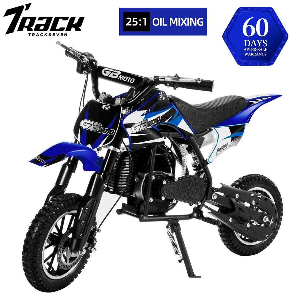 Track 7 49CC 2-Stroke Kids Dirt Bike, Off Road Gas Motorcycle, Up to 20Mph, Gas Dirt Bike w/Rear Suspension, Pull Start, Front & Rear Disc Brake, Blue