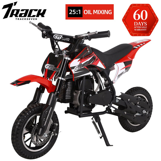 Track Seven 49CC 2-Stroke Kids Dirt Bike, Off Road Gas Motorcycle, Up to 20Mph, Gas Dirt Bike w/Rear Suspension, Pull Start, Front & Rear Disc Brake, Red