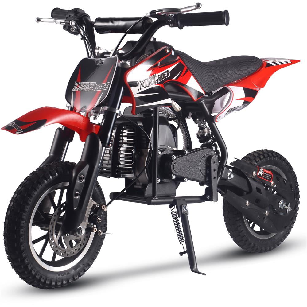 Track 7 50CC 2-Stroke Kid Dirt Bike, Off Road Gas Motorcycle, Trail Bike Up to 25Mph, EPA Approved Kids Gas Dirt Bike W/Rear Suspension, Pull Start, Front & Rear Disc Brake, Red