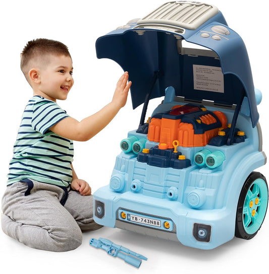 Track Seven Interactive Car Engine Toy Set, Kids Mechanic Repair Set, Build and Play with Engine Building Kit, Large Truck Toy Engine, Gifts  Boy and Girls Child, Blue