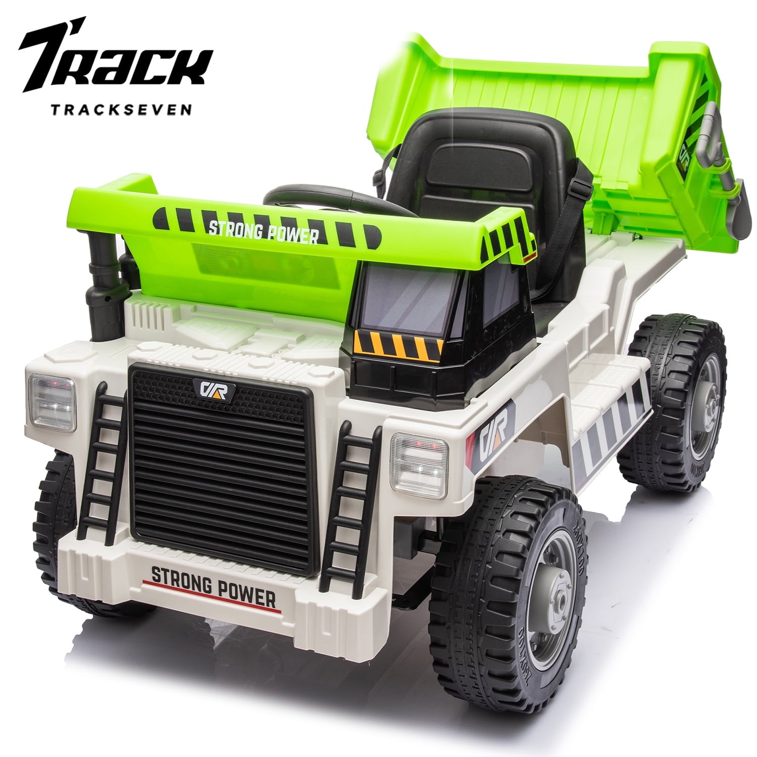 Track 7 Kids Ride on Car, 12V Ride on Dump Truck, Electric Car with Remote Control, Music, USB, Story, Electric Dump Bed and Extra Shovel, Phone stand