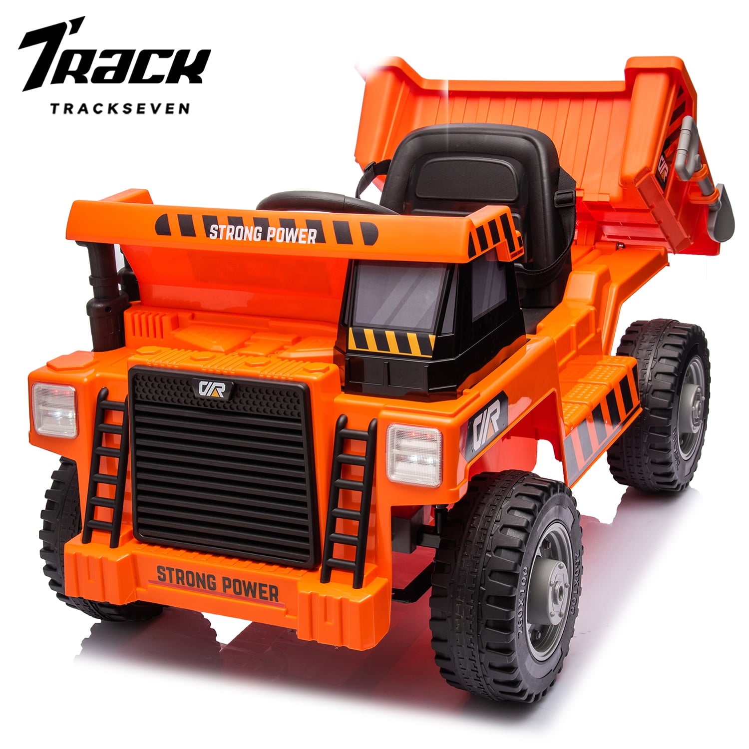 Track 7 Kids Ride on Car, 12V Ride on Dump Truck, Electric Car with Remote Control, Music, USB, Story, Electric Dump Bed and Extra Shovel, Phone stand