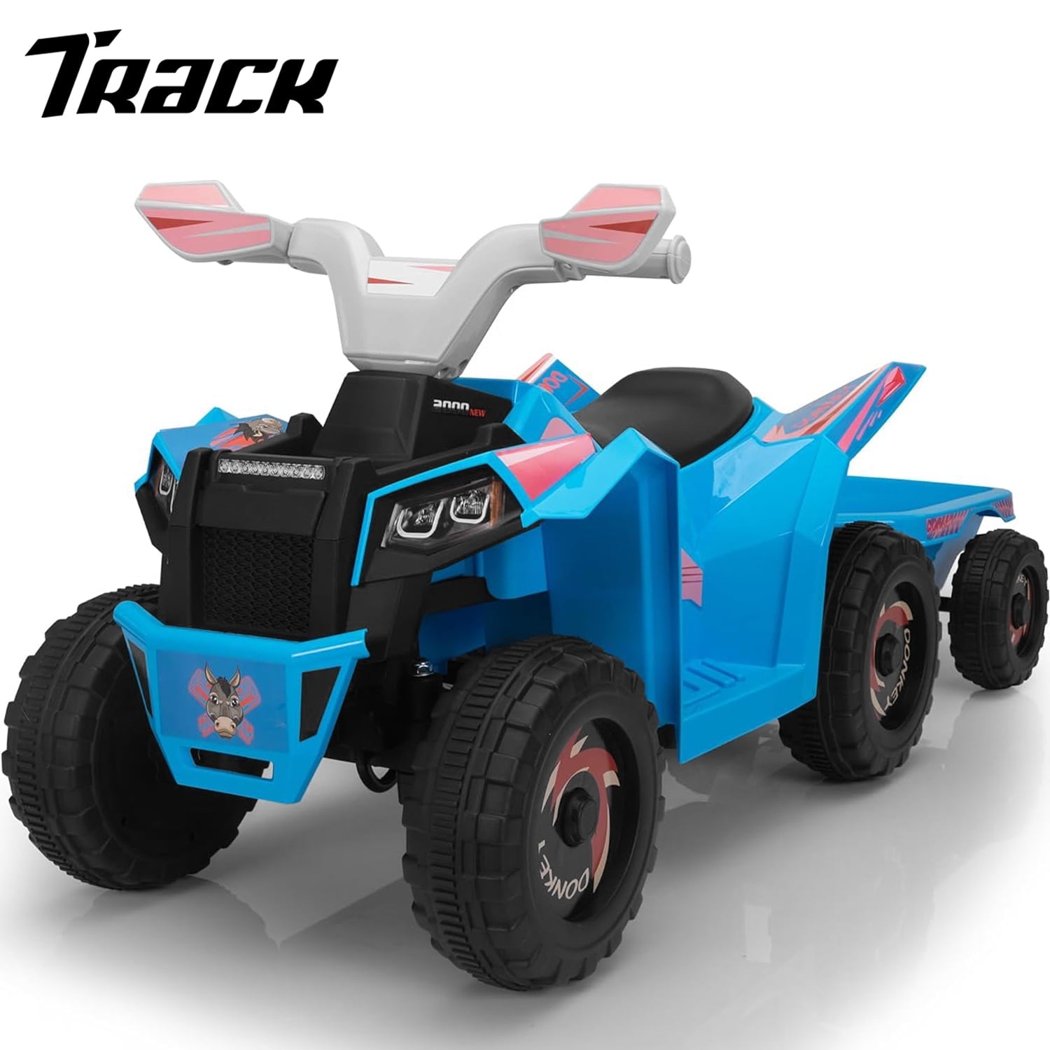 Track 7 Kids Ride on ATV with Trailer, 4 Wheeler Electric Quad Vehicle, Ride on Car with Music, Horn, Power Display, Kids Electric ATV, Rose Red