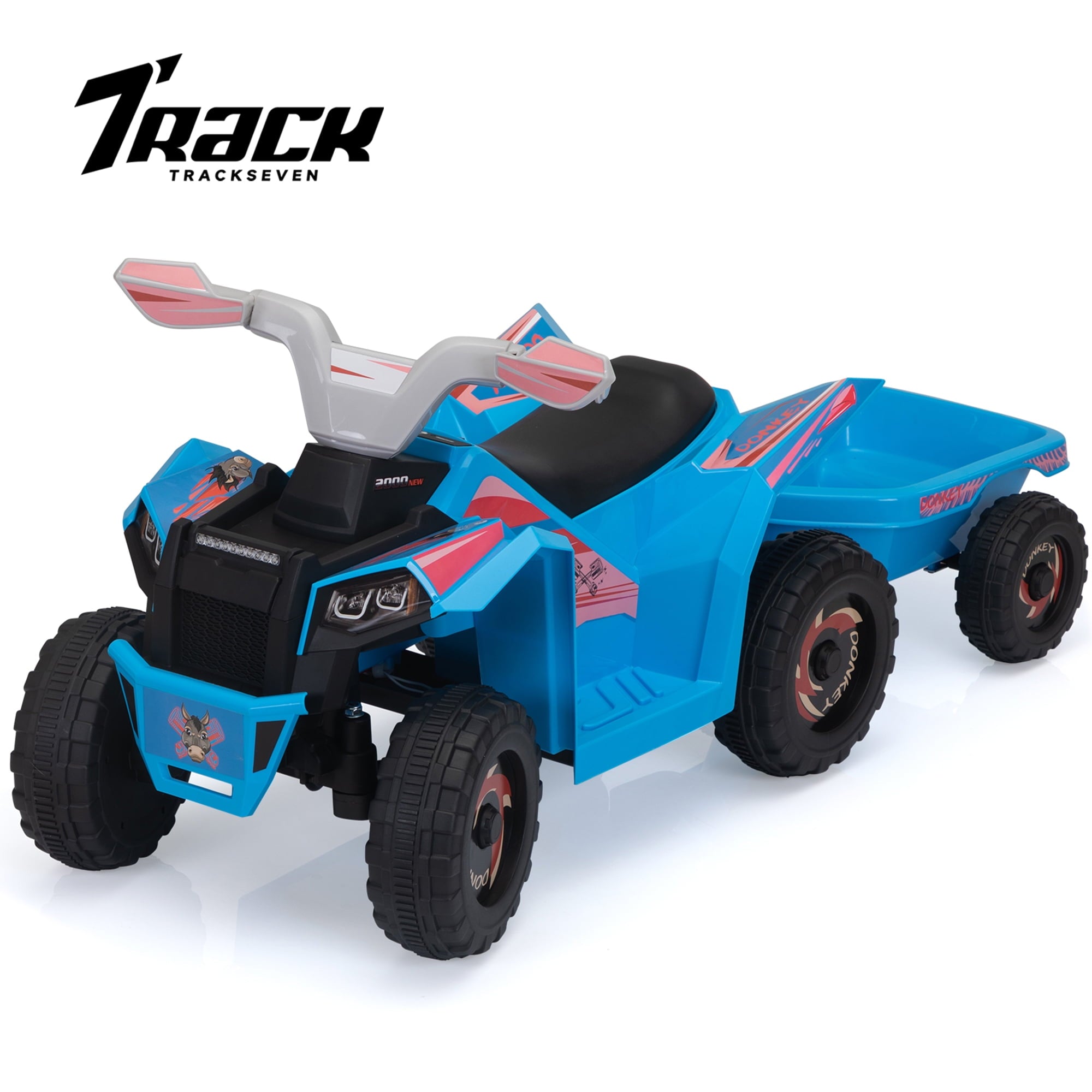 Track 7 Kids Ride on ATV with Trailer, 4 Wheeler Electric Quad Vehicle, Ride on Car with Music, Horn, Power Display, Kids Electric ATV, Blue