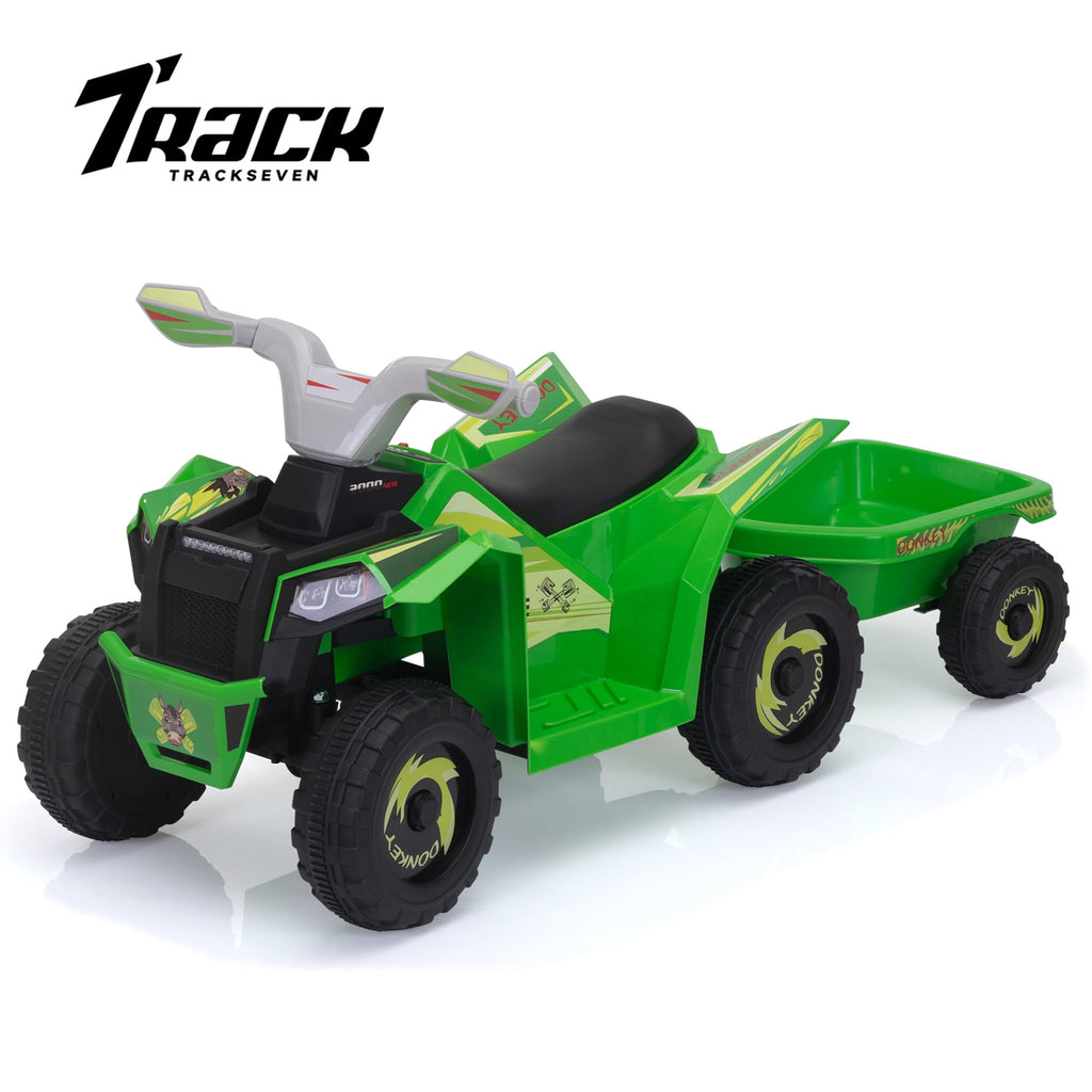 Track 7 Kids Ride on ATV with Trailer, 4 Wheeler Electric Quad Vehicle, Ride on Car with Music, Horn, Power Display, Kids Electric ATV, Green