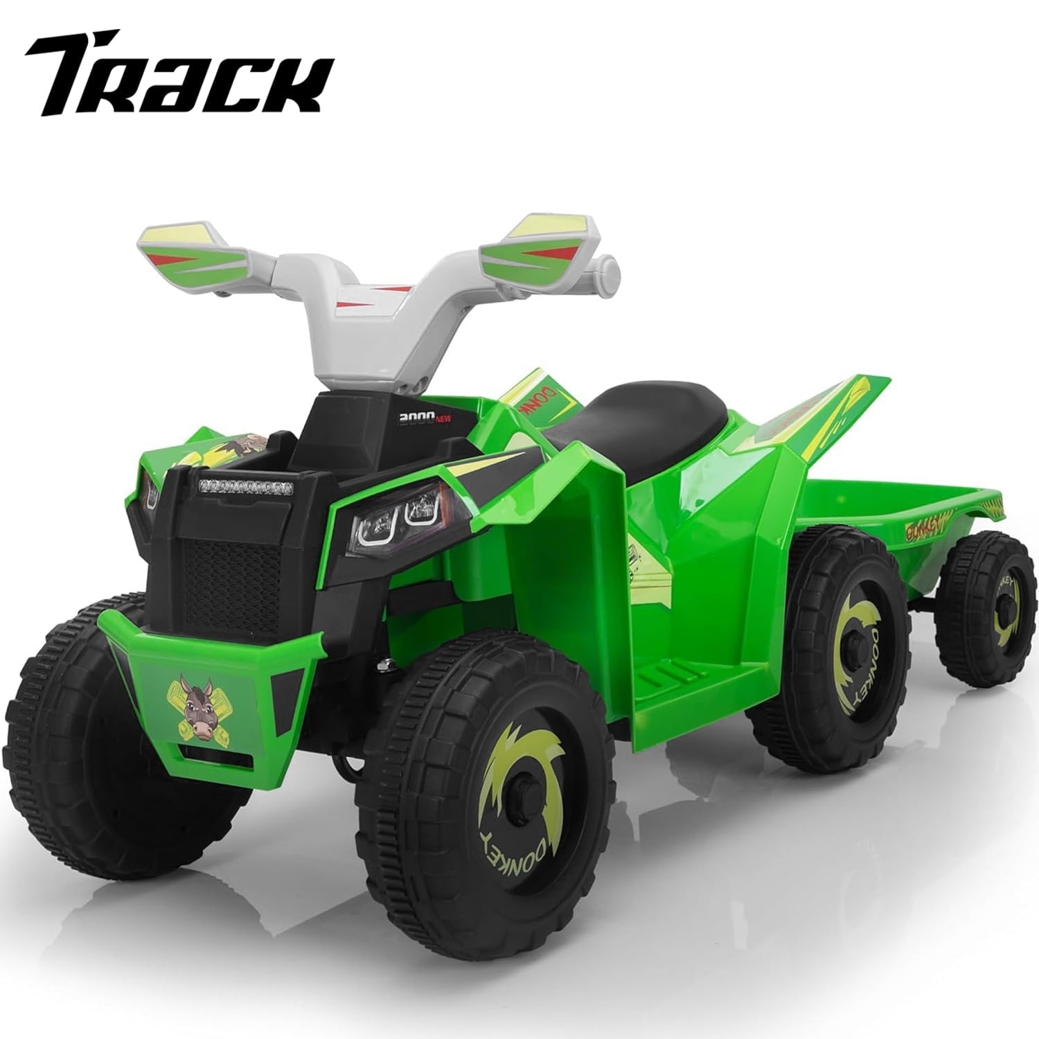 Track 7 Kids Ride on ATV with Trailer, 4 Wheeler Electric Quad Vehicle, Ride on Car with Music, Horn, Power Display, Kids Electric ATV, Rose Red