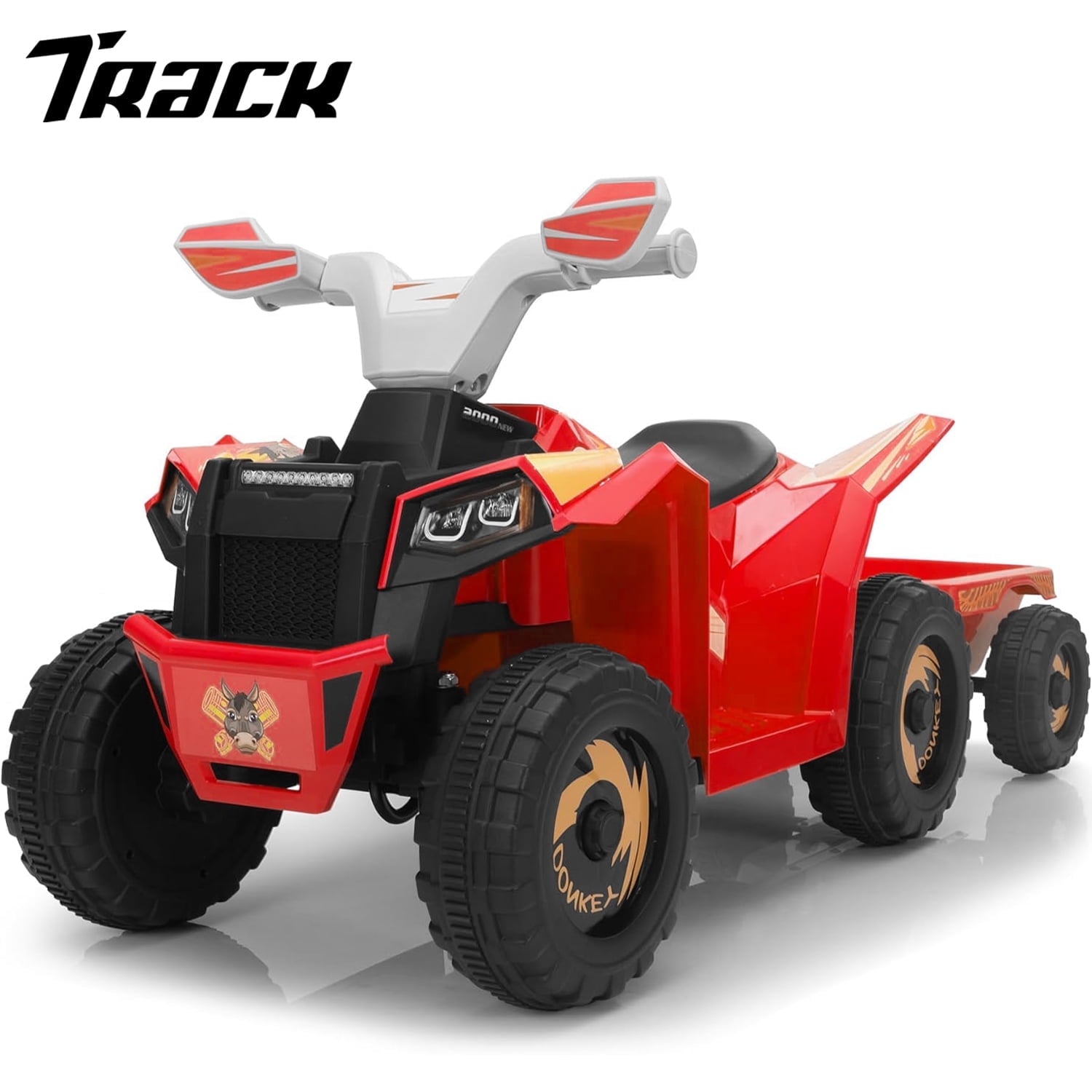 Track 7 Kids Ride on ATV with Trailer, 4 Wheeler Electric Quad Vehicle, Ride on Car with Music, Horn, Power Display, Kids Electric ATV, Rose Red