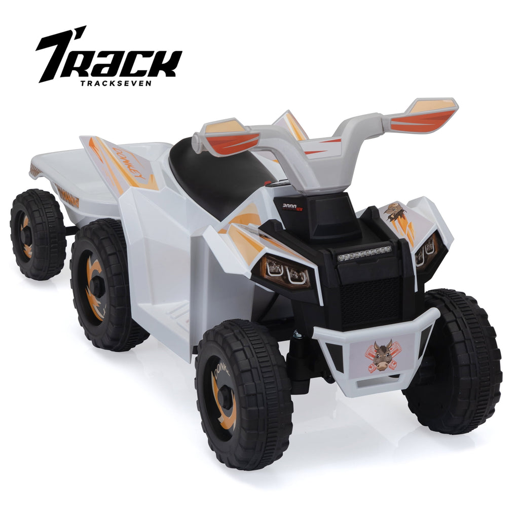 Track 7 Kids Ride on ATV with Trailer, 4 Wheeler Electric Quad Vehicle, Ride on Car with Music, Horn, Power Display, Kids Electric ATV, White
