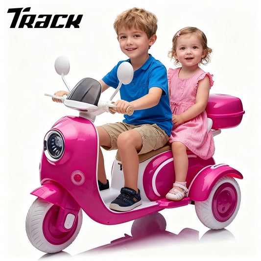 Track Seven 12V Ride on Motorcycle,  2-Seater Electric Motorcycle with Dual Motor, 3 Wheels Motorbike with Bluetooth, LED Lights, Storage Box,  Front Hook,  Ride on Toy Car for Boys Girls Aged 3+