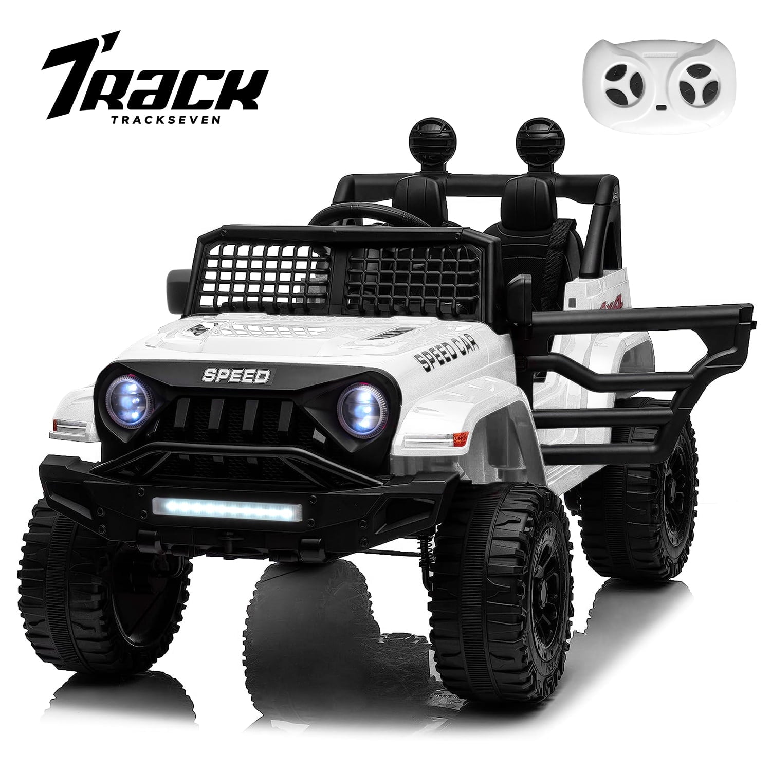Track 7 Kids Ride on Truck, 12V Ride on Car with Remote Control, Kids Electric Car, Bluetooth, LED Lights, MP3, White