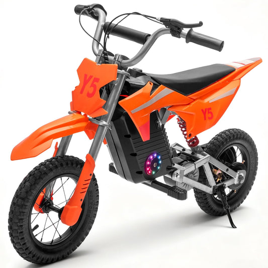 Track Seven 24V Electric Dirt Bike, 250W Ride on Motorcycle, 3 Speed Up-to 9.32 mph, Battery Display, Rear Suspension, Disc Brake, Bluetooth, LED Light, Electric Motocross Bike for Kids Aged 8+, Oran