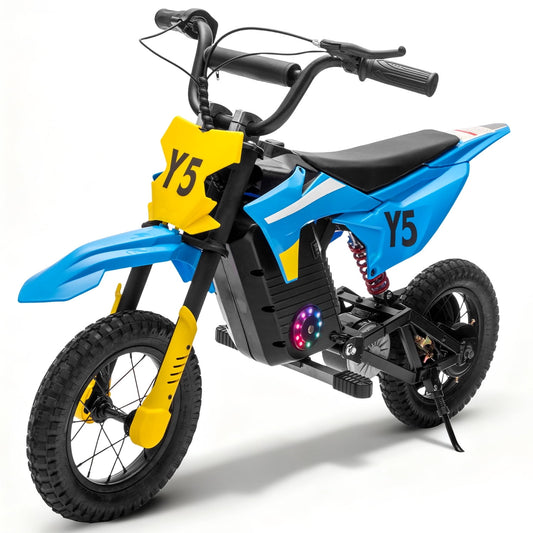 Track Seven 24V Electric Dirt Bike, 250W Ride on Motorcycle, 3 Speed Up-to 9.32 mph, Battery Display, Rear Suspension, Disc Brake, Bluetooth, LED Light, Electric Motocross Bike for Kids Aged 8+, Blue