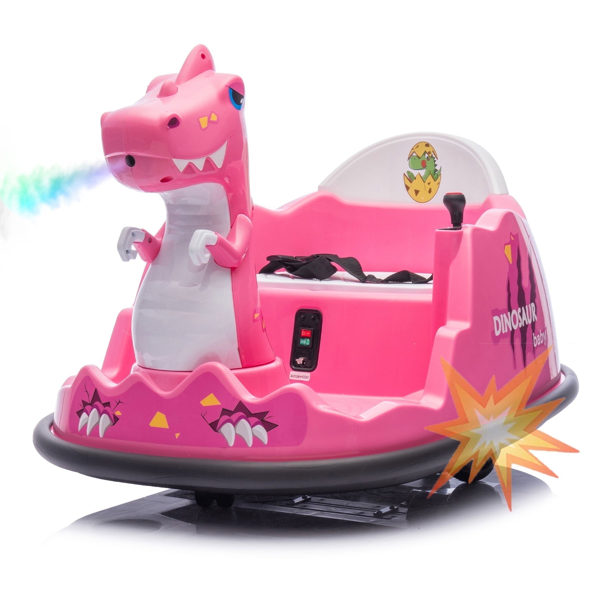 Track Seven 12V Electric Dinosaur Bumper Car for Kids, Spray Light, 360 Degree Rotation, Music, Large Size Seat Ride on Toy with Remote Control for Toddlers 2-5 Years, Green